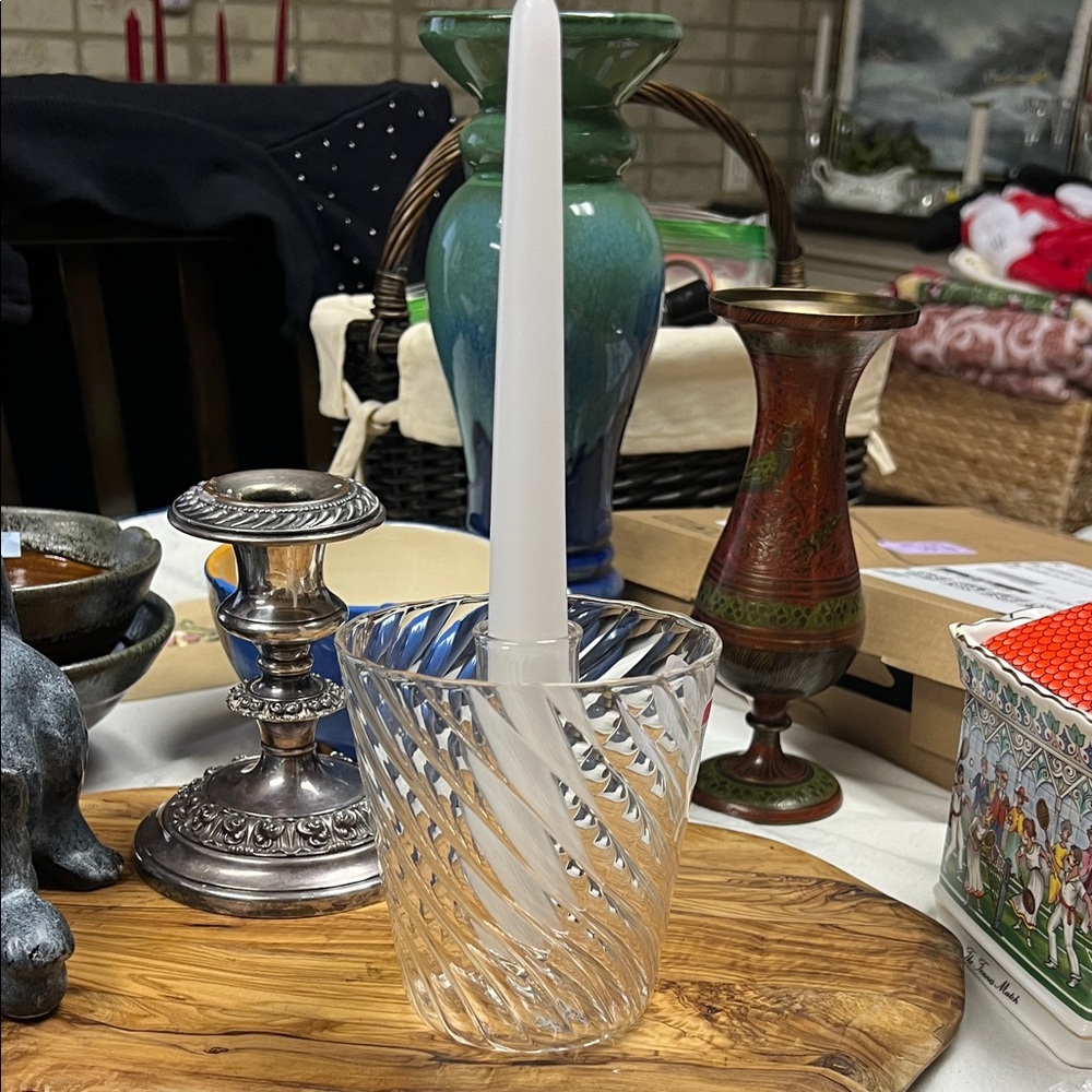 Italian Clear glass candle holder w/spiral swirl pattern by Soffieria Italiana
